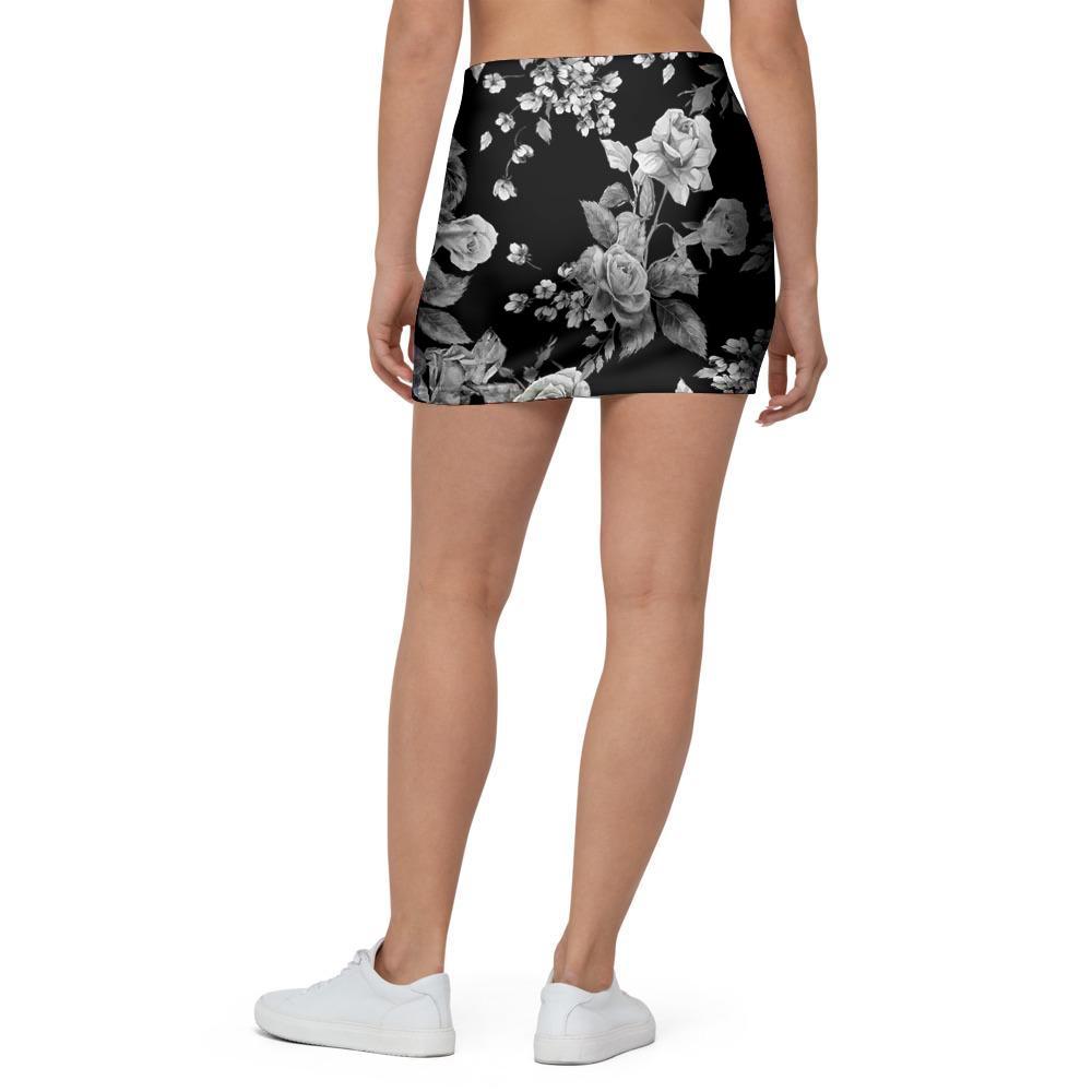 Black And White Rose Flower Mini Skirt-grizzshop