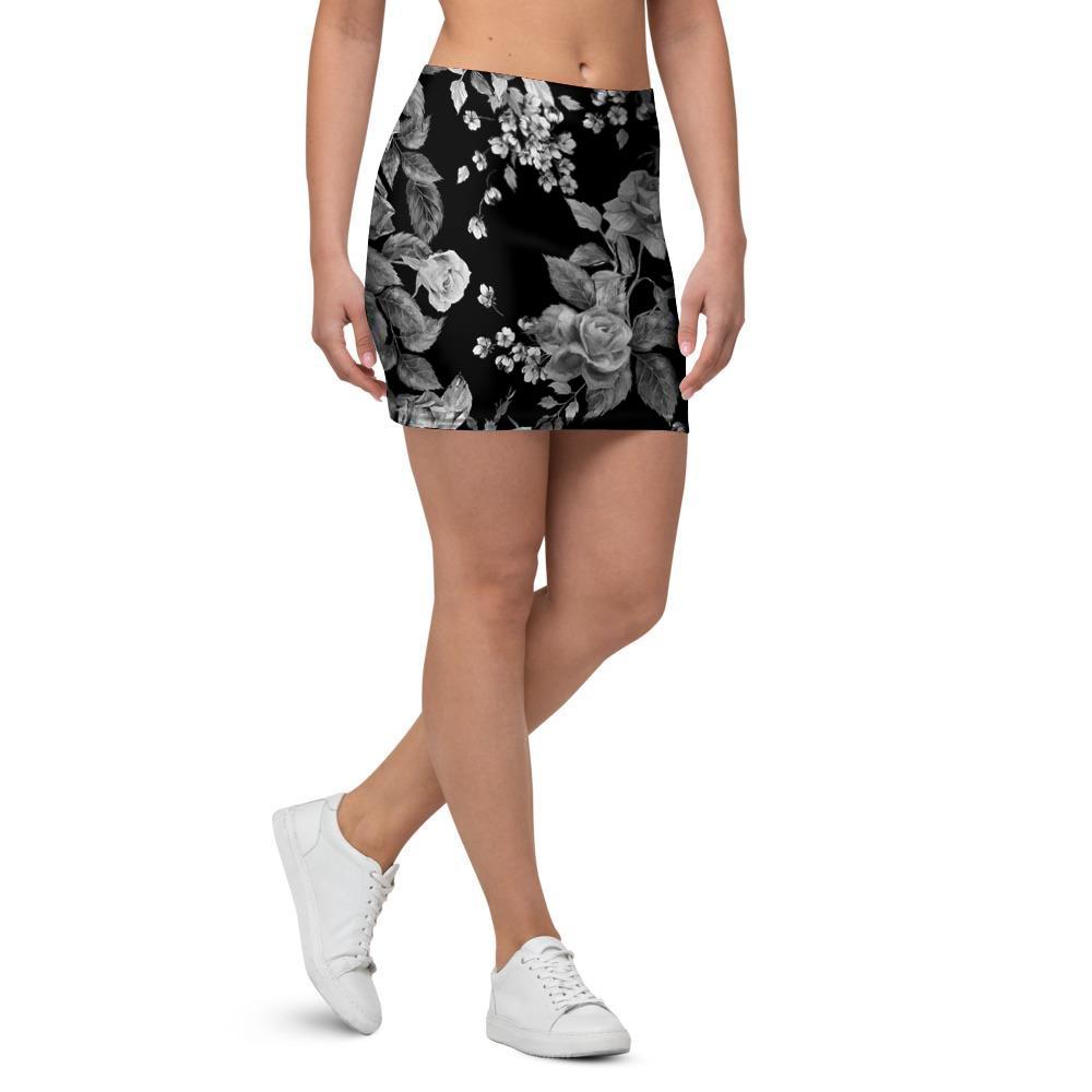 Black And White Rose Flower Mini Skirt-grizzshop