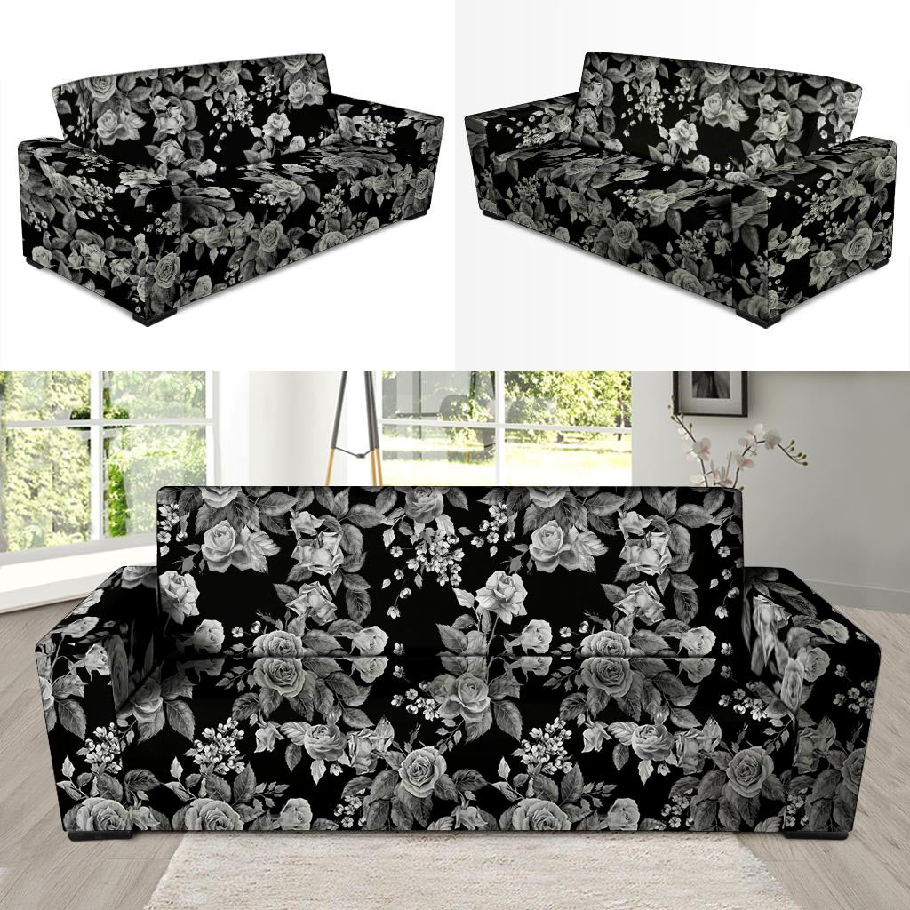 Black And White Rose Flower Sofa Cover-grizzshop