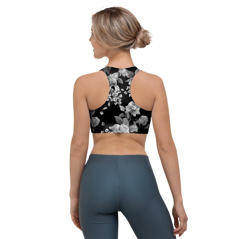 Black And White Rose Flower Sports Bra-grizzshop