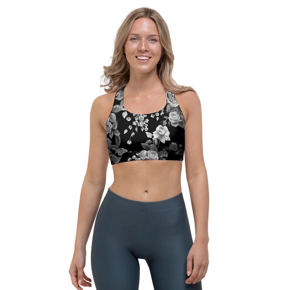 Black And White Rose Flower Sports Bra-grizzshop