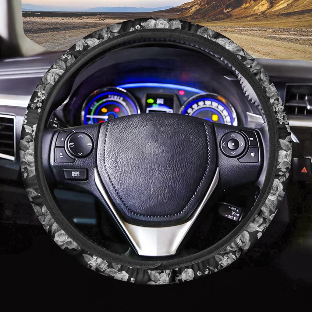 Black And White Rose Flower Steering Wheel Cover-grizzshop