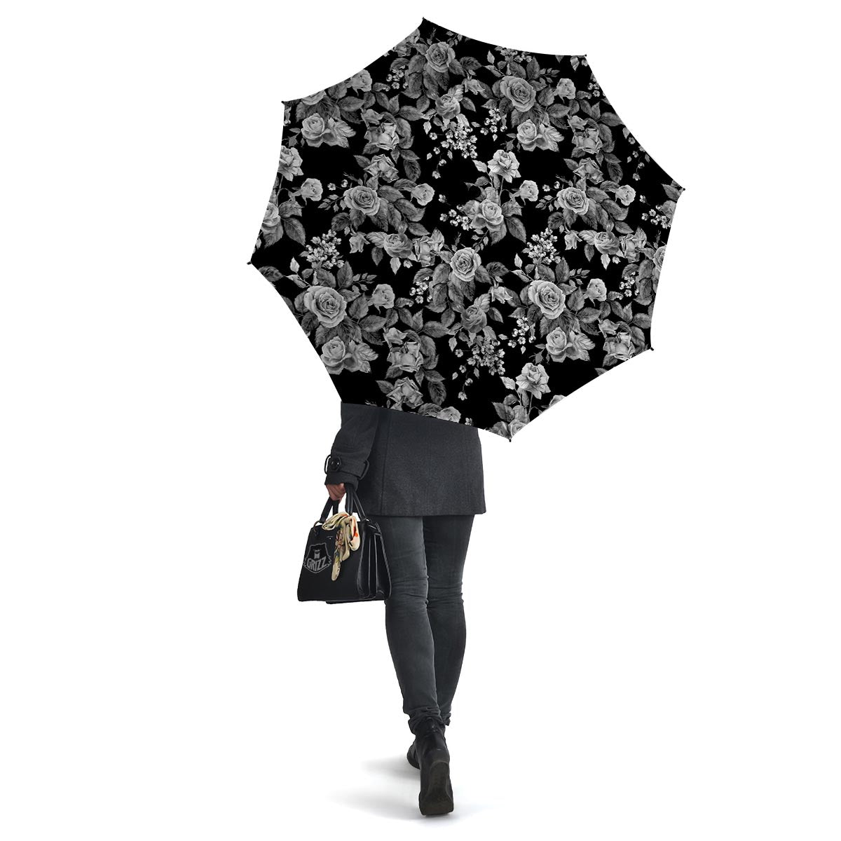 Black And White Rose Flower Umbrella-grizzshop