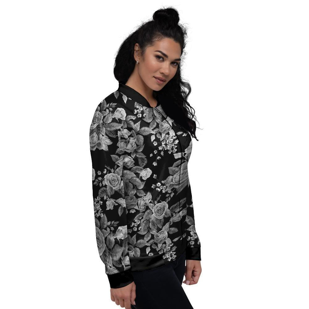 Black And White Rose Flower Women's Bomber Jacket-grizzshop