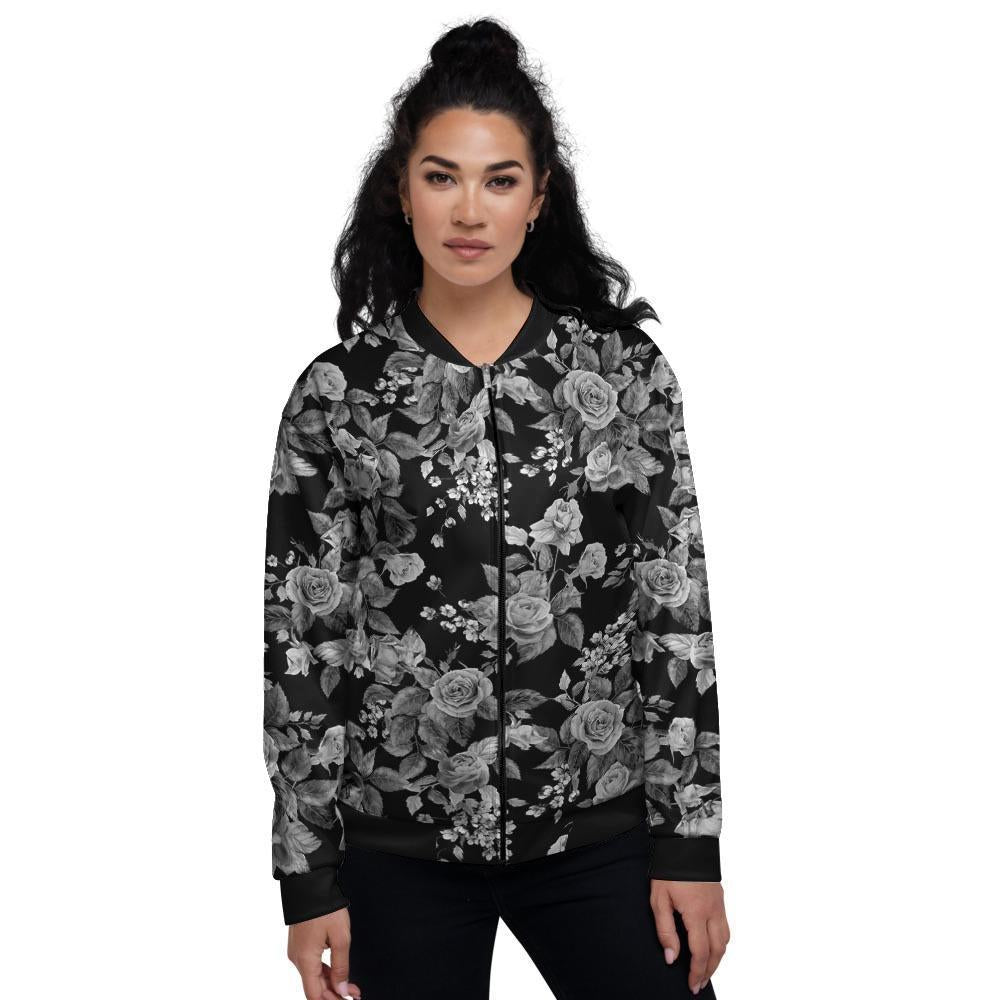 Black And White Rose Flower Women's Bomber Jacket-grizzshop