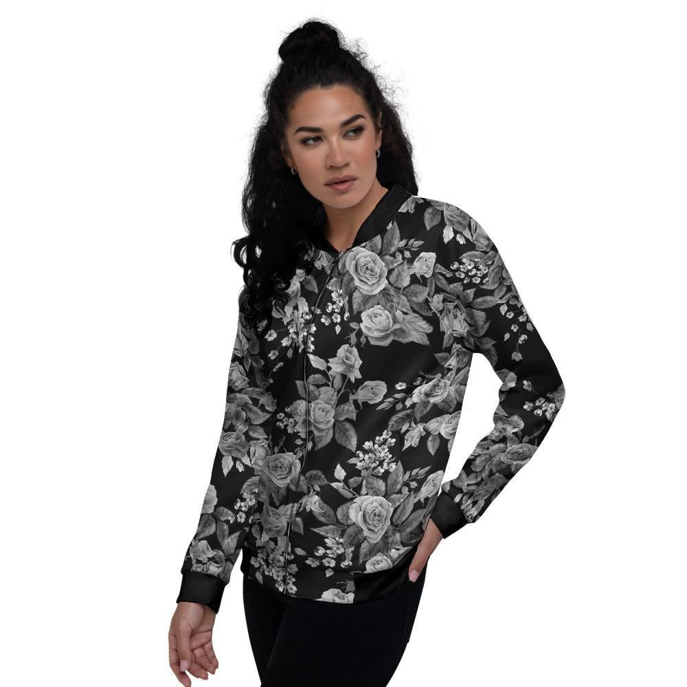 Black And White Rose Flower Women's Bomber Jacket-grizzshop