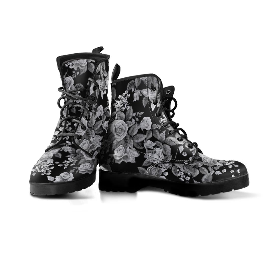Black And White Rose Flower Women's Boots-grizzshop