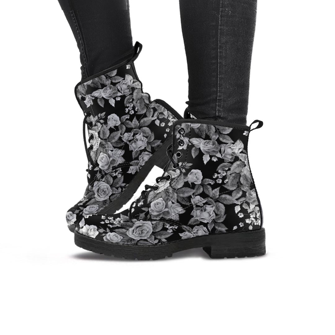 Black And White Rose Flower Women's Boots-grizzshop