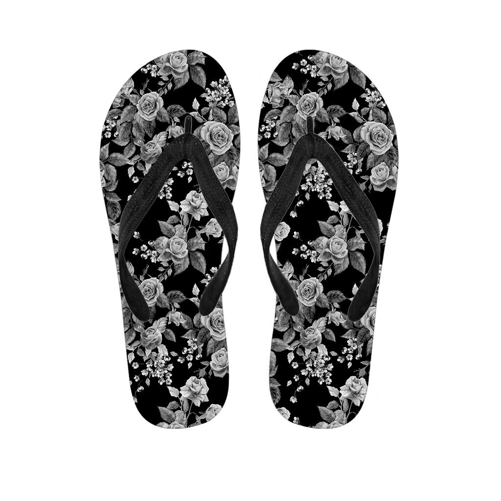 Black And White Rose Flower Women's Flip Flops-grizzshop