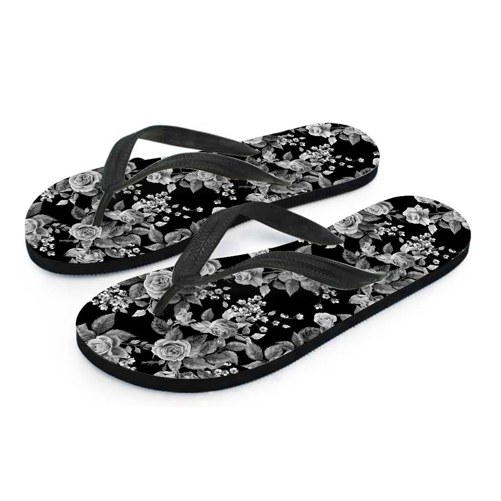 Black And White Rose Flower Women's Flip Flops-grizzshop