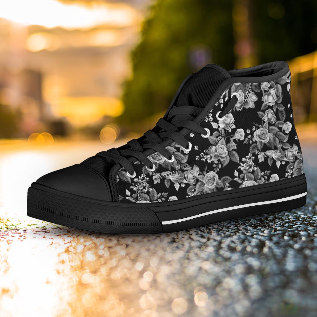 Black And White Rose Flower Women's High Top Shoes-grizzshop