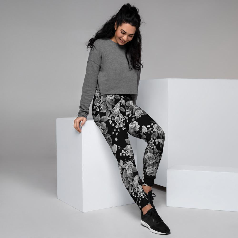 Black And White Rose Flower Women's Joggers-grizzshop