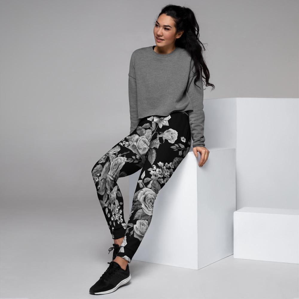 Black And White Rose Flower Women's Joggers-grizzshop