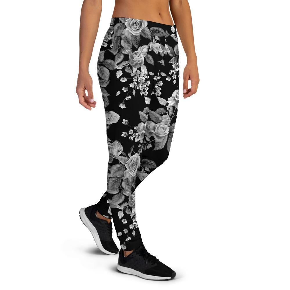 Black And White Rose Flower Women's Joggers-grizzshop