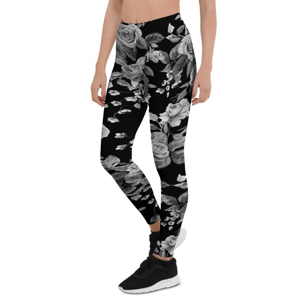 Black And White Rose Flower Women's Leggings-grizzshop