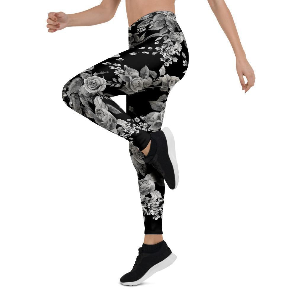 Black And White Rose Flower Women's Leggings-grizzshop