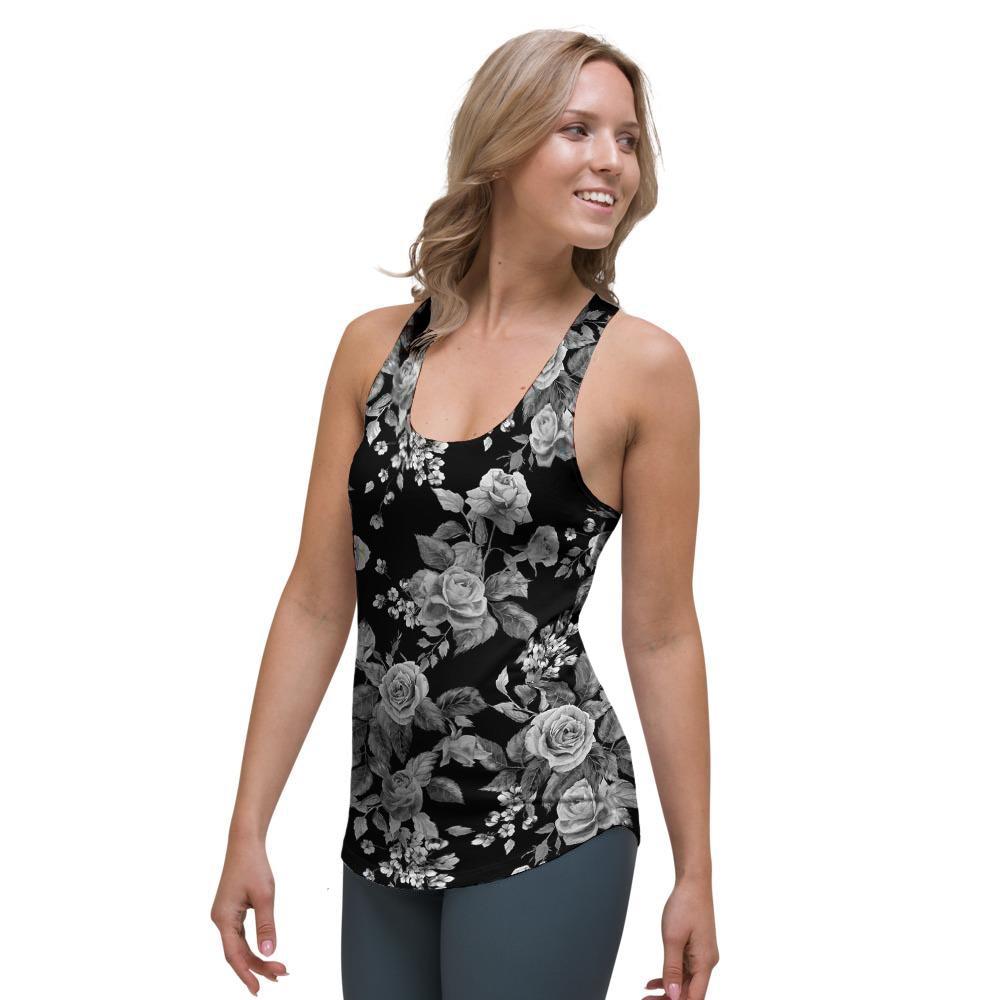 Black And White Rose Flower Women's Racerback Tank Top-grizzshop