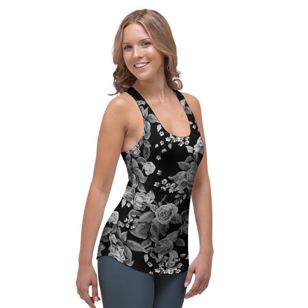 Black And White Rose Flower Women's Racerback Tank Top-grizzshop