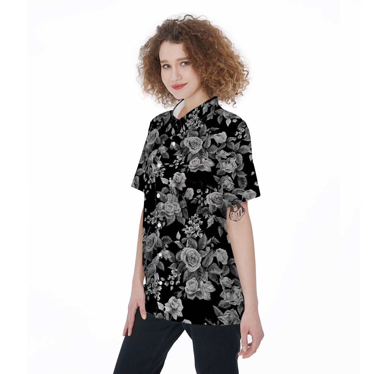 Black And White Rose Flower Women's Short Sleeve Shirts-grizzshop