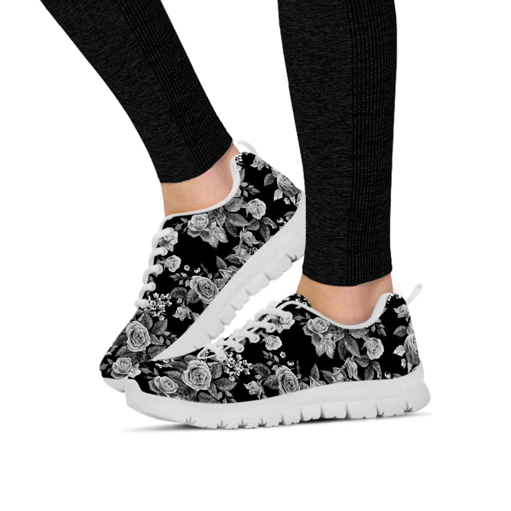 Black And White Rose Flower Women's Sneakers-grizzshop