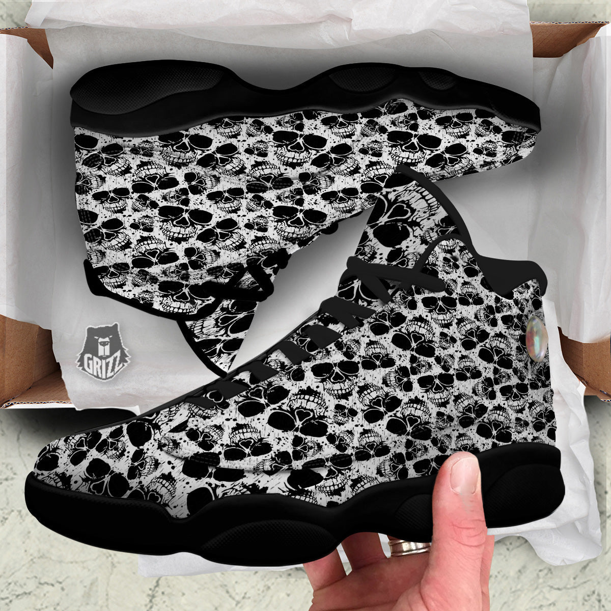 Black And White Skull Grunge Print Pattern Black Basketball Shoes-grizzshop