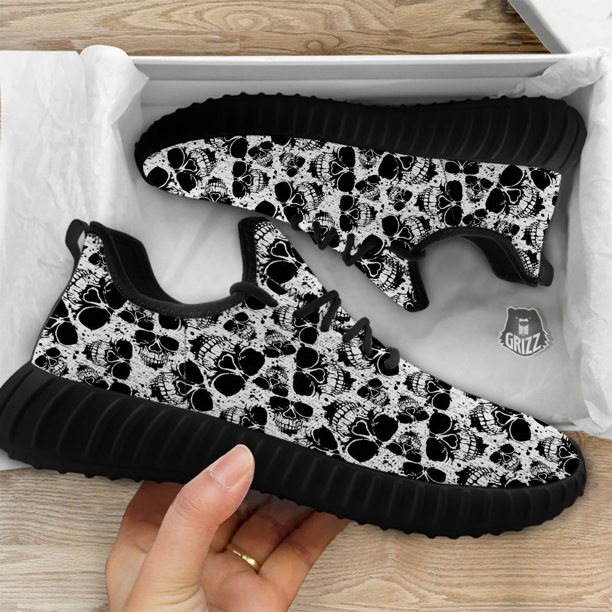 Black And White Skull Grunge Print Pattern Black Walking Shoes-grizzshop