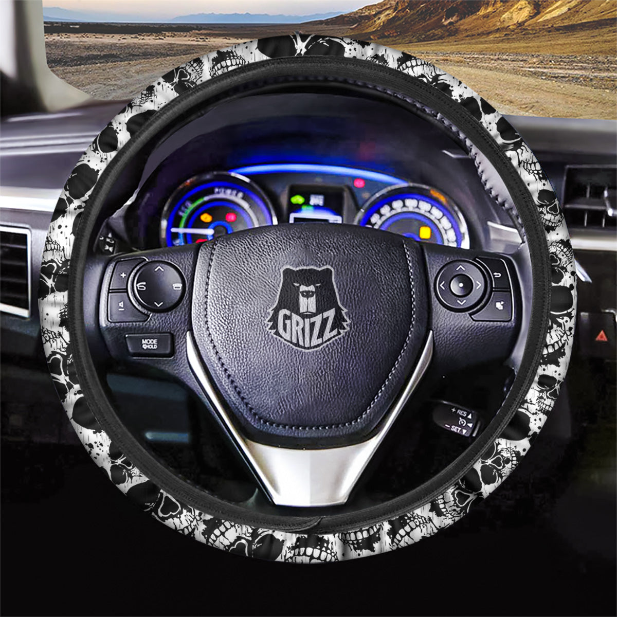 Black And White Skull Grunge Print Pattern Car Steering Wheel Cover-grizzshop