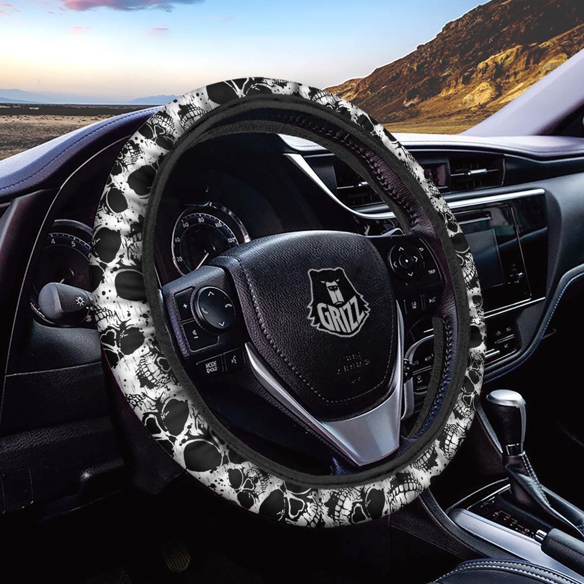 Black And White Skull Grunge Print Pattern Car Steering Wheel Cover-grizzshop