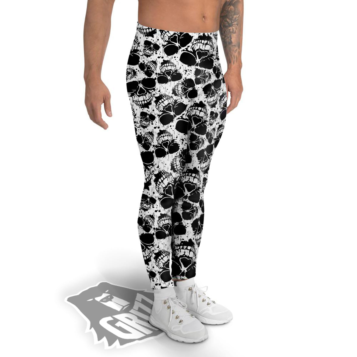 Black And White Skull Grunge Print Pattern Men's Leggings-grizzshop