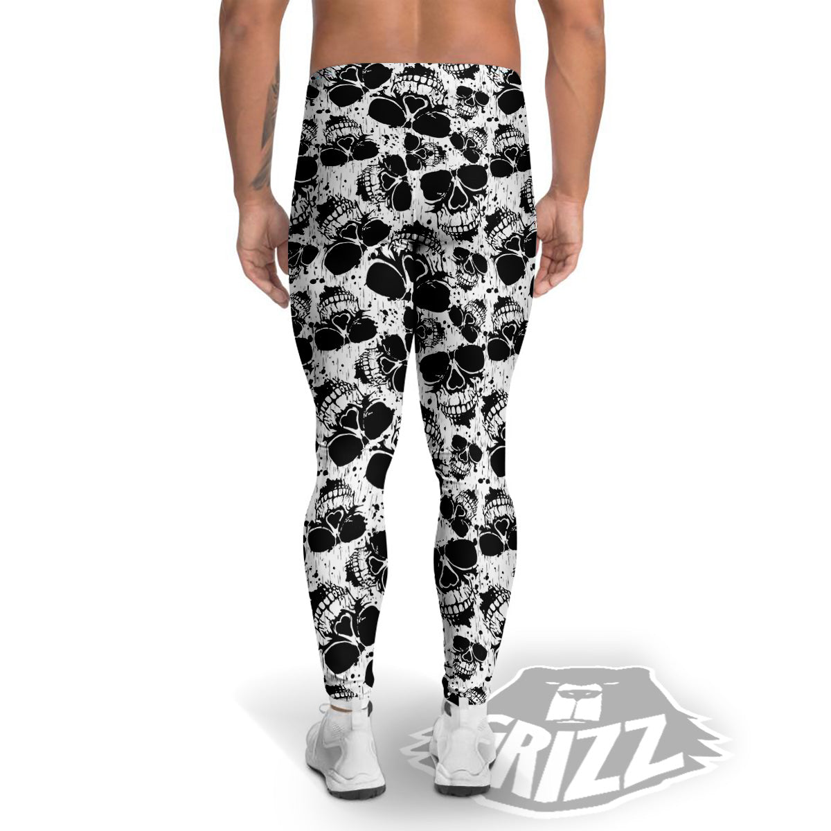 Black And White Skull Grunge Print Pattern Men's Leggings-grizzshop