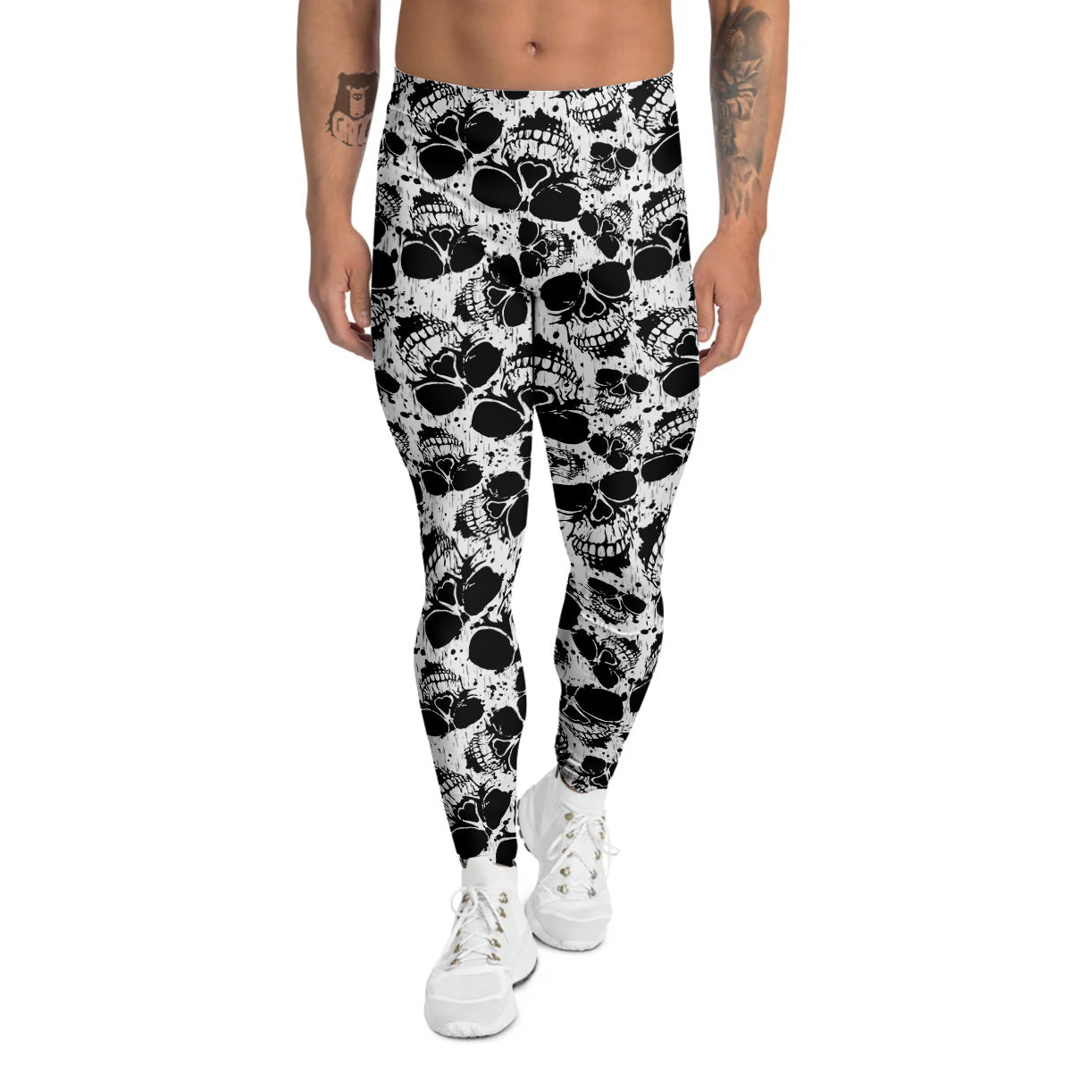 Black And White Skull Grunge Print Pattern Men's Leggings-grizzshop