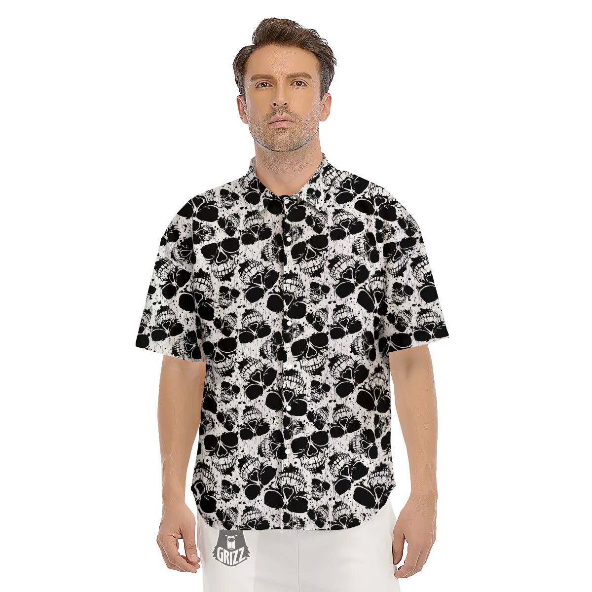 Black And White Skull Grunge Print Pattern Men's Short Sleeve Shirts-grizzshop