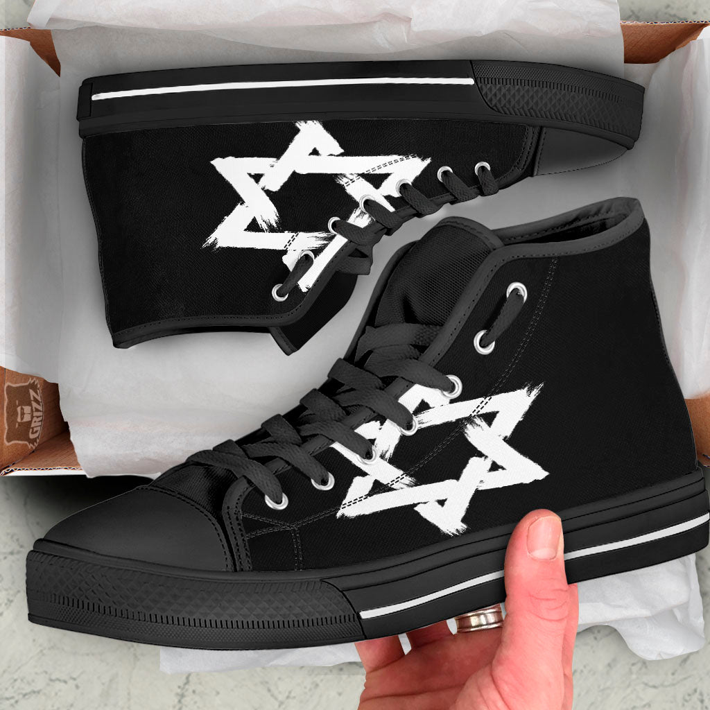 Black And White Star of David Print Black High Top Shoes-grizzshop