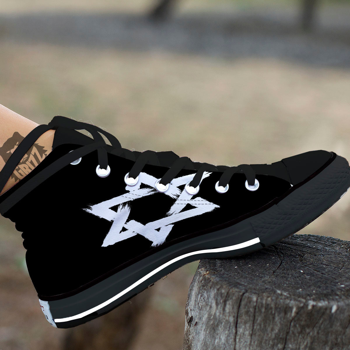 Black And White Star of David Print Black High Top Shoes-grizzshop