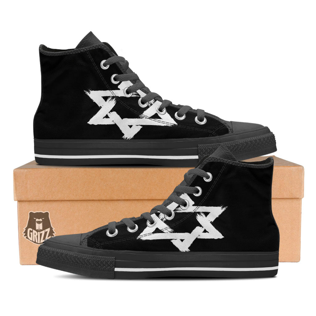 Black And White Star of David Print Black High Top Shoes-grizzshop