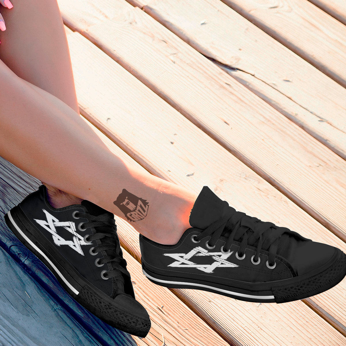 Black And White Star of David Print Black Low Top Shoes-grizzshop