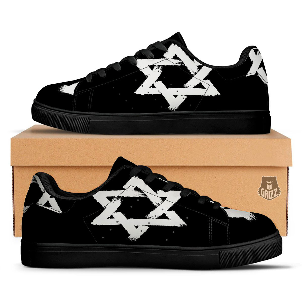 Black And White Star of David Print Black Low Top Sneakers-grizzshop