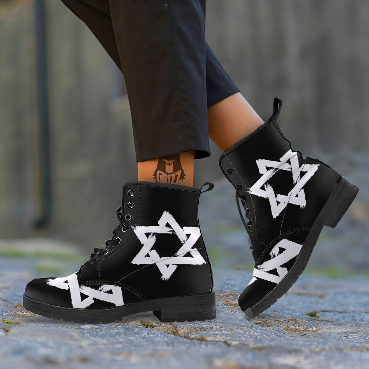 Black And White Star of David Print Leather Boots-grizzshop