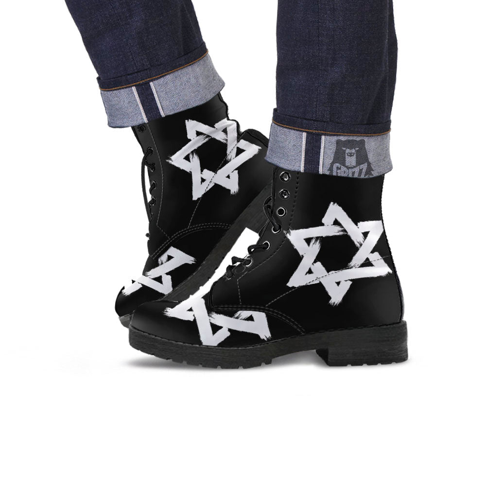 Black And White Star of David Print Leather Boots-grizzshop