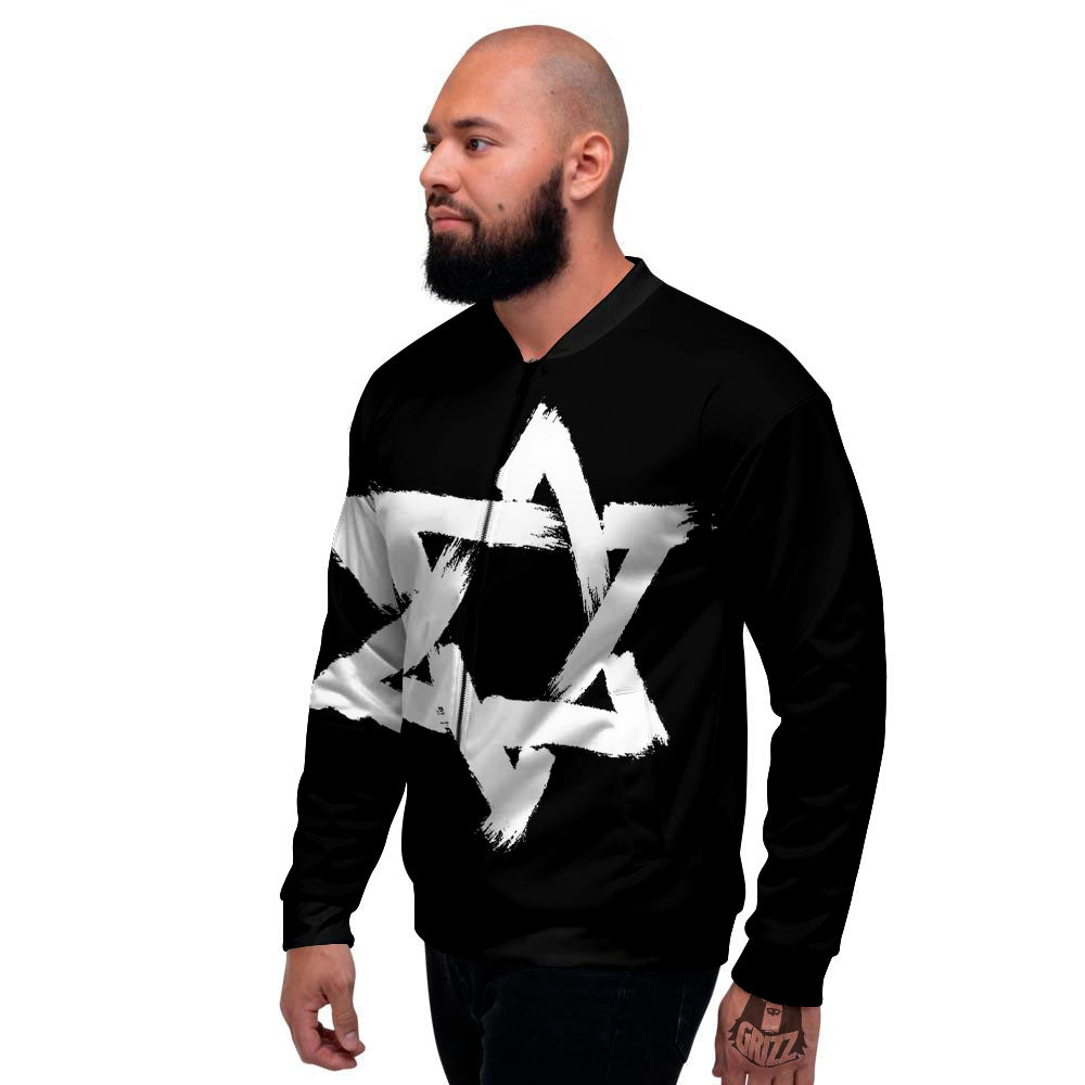Black And White Star of David Print Men's Bomber Jacket-grizzshop