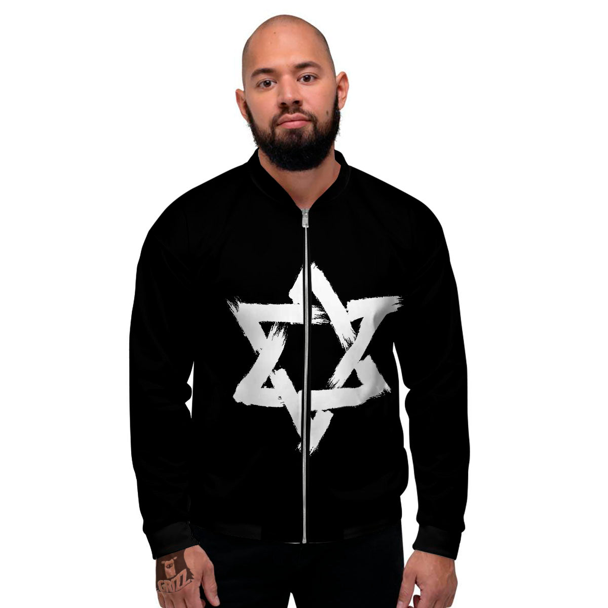 Black And White Star of David Print Men's Bomber Jacket-grizzshop