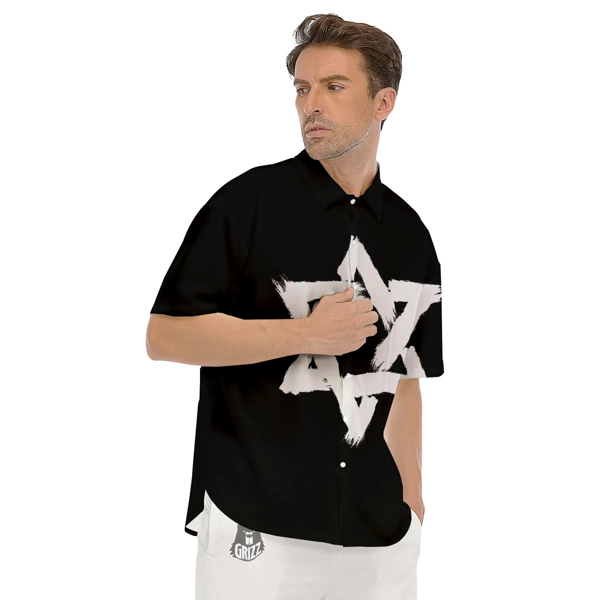 Black And White Star of David Print Men's Short Sleeve Shirts-grizzshop