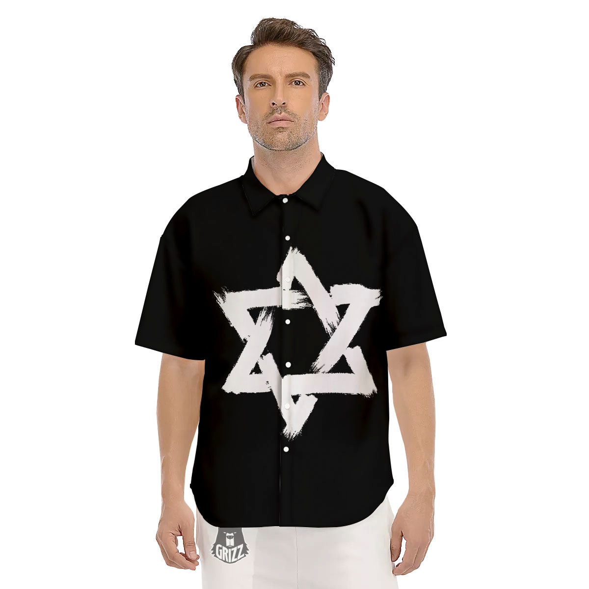 Black And White Star of David Print Men's Short Sleeve Shirts-grizzshop