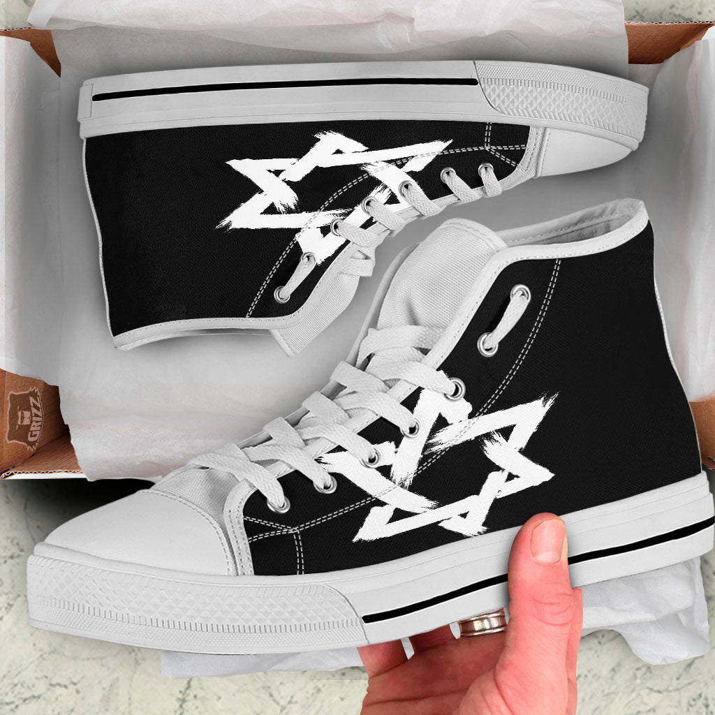 Black And White Star of David Print White High Top Shoes-grizzshop