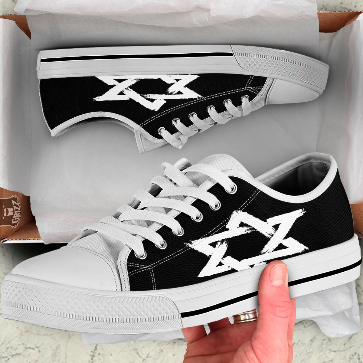 Black And White Star of David Print White Low Top Shoes-grizzshop