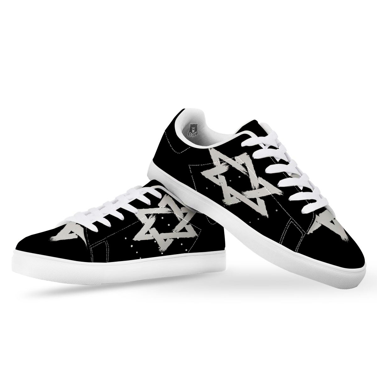 Black And White Star of David Print White Low Top Sneakers-grizzshop