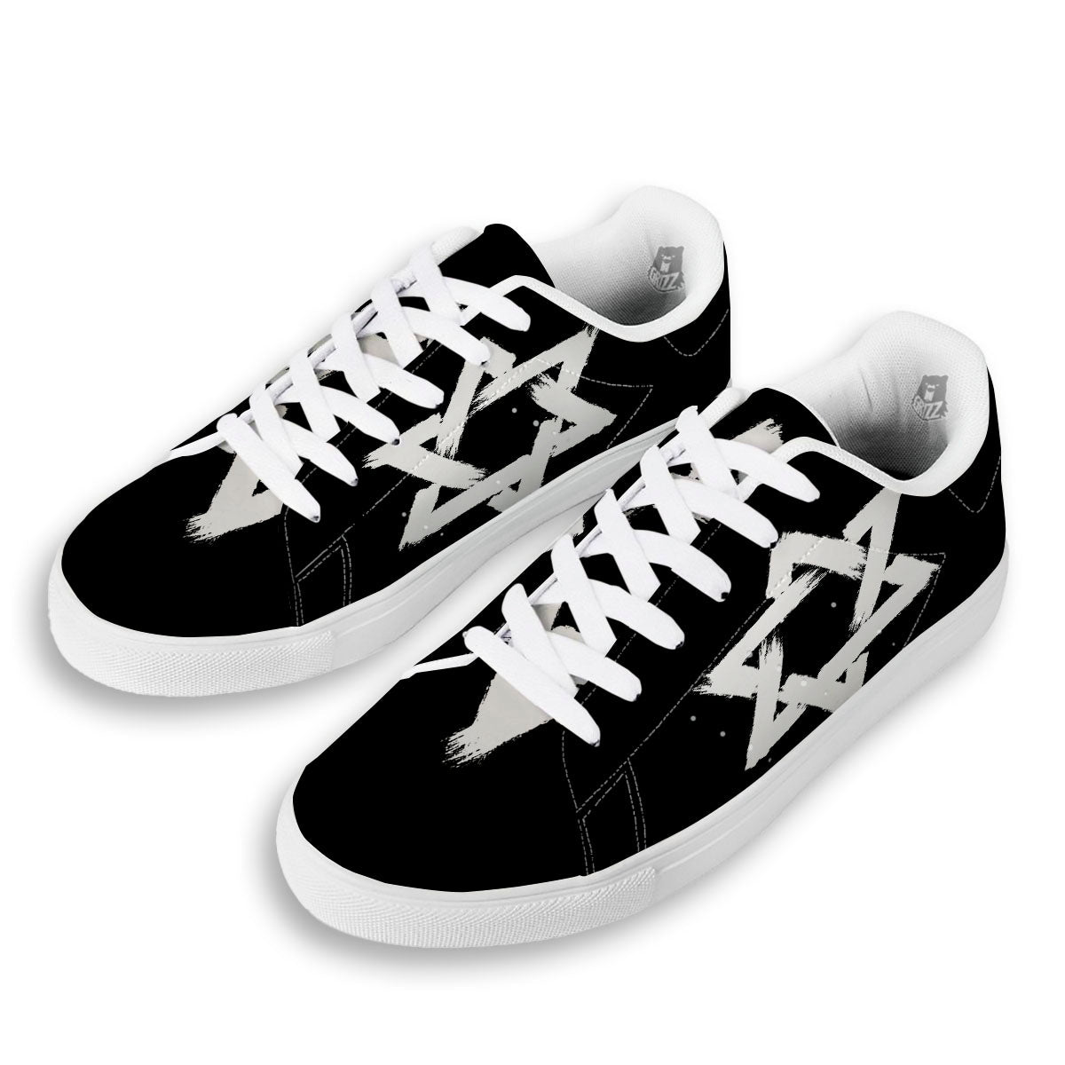 Black And White Star of David Print White Low Top Sneakers-grizzshop