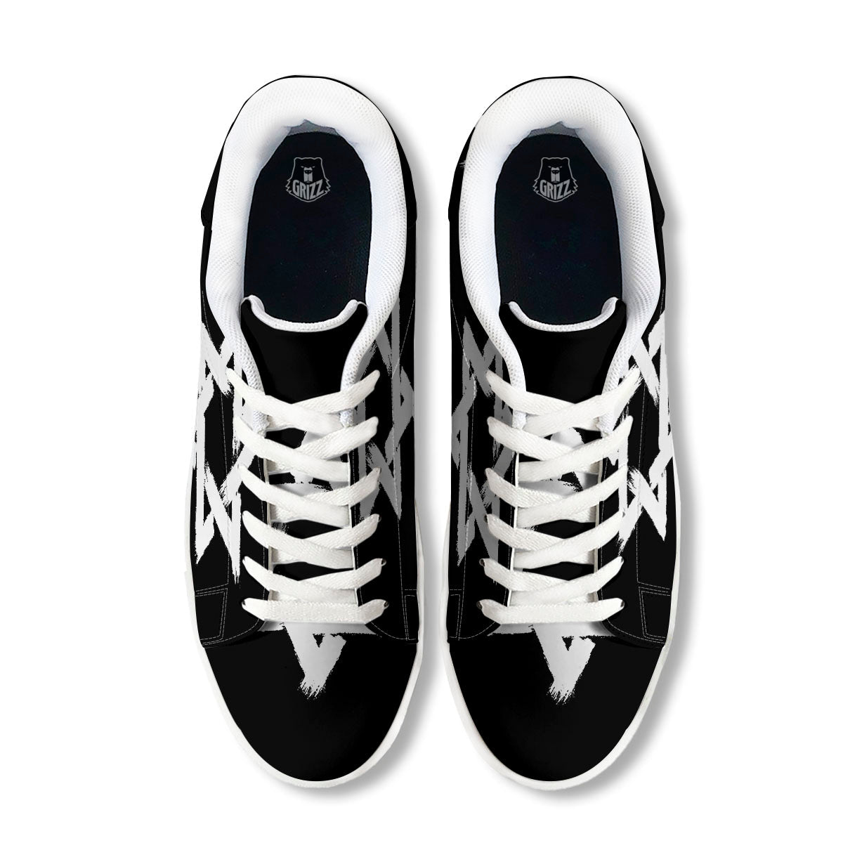 Black And White Star of David Print White Low Top Sneakers-grizzshop