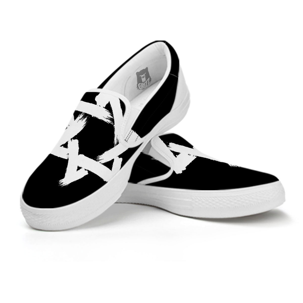 Black And White Star of David Print White Slip On Shoes-grizzshop
