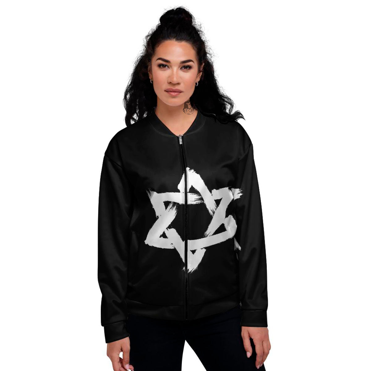 Black And White Star of David Print Women's Bomber Jacket-grizzshop